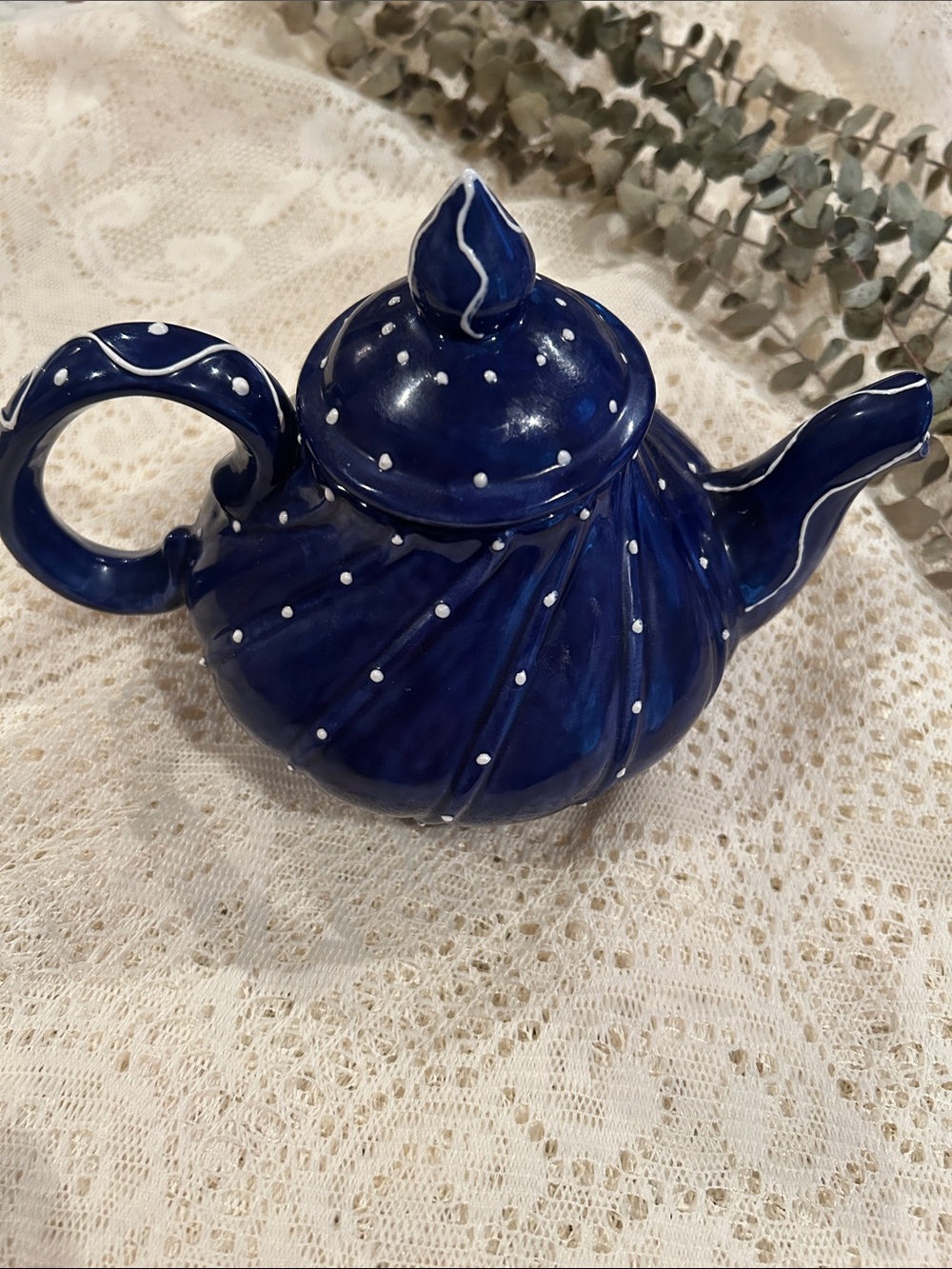 Hand painted/ Hand made  Navy Blue Ceramic Teapot with White Dot Accents.